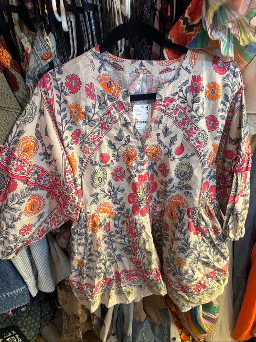 Free People Cream Tunic with Pink & Orange Floral Print